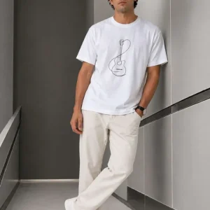 Alternative view of Erkek Minimal Gitar Baskılı Tişört T-Shirt Yazlık Kısa Kol Bisiklet Yaka T-Shirt - Beyaz