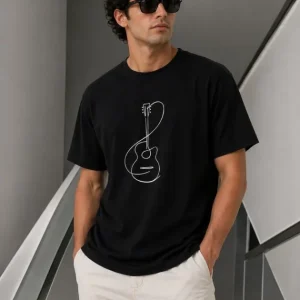 Erkek Minimal Gitar Baskılı Tişört T-Shirt Yazlık Kısa Kol Bisiklet Yaka T-Shirt - Siyah