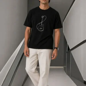 Alternative view of Erkek Minimal Gitar Baskılı Tişört T-Shirt Yazlık Kısa Kol Bisiklet Yaka T-Shirt - Siyah