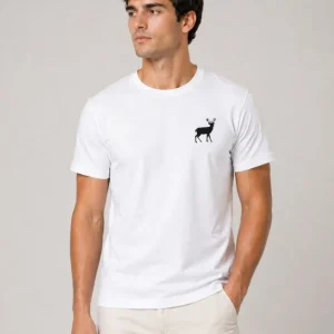 Erkek Minimal Geyik Logolu Tişört Bisiklet Yaka Kısa Kol Yazlık T-Shirt - Beyaz