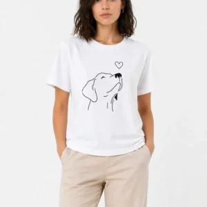 Köpek Figürlü Minimal Baskılı Tişört Kısa Kol Yazlık T-Shirt - Beyaz