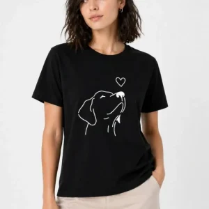 Köpek Figürlü Minimal Baskılı Tişört Kısa Kol Yazlık T-Shirt - Siyah