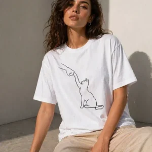 Minimal Kedi Çizim Baskılı Tişört Kısa Kol Yazlık T-Shirt - Beyaz