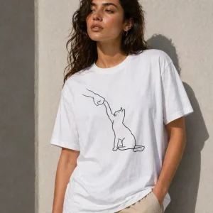 Alternative view of Minimal Kedi Çizim Baskılı Tişört Kısa Kol Yazlık T-Shirt - Beyaz