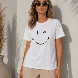 Minimal Gülümseyen Yüz Baskılı Tişört Kısa Kol Yazlık T-Shirt - Beyaz