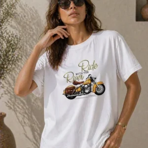 Motosiklet Baskılı Tişört Bisiklet Yaka Kısa Kol Yazlık T-Shirt - Beyaz