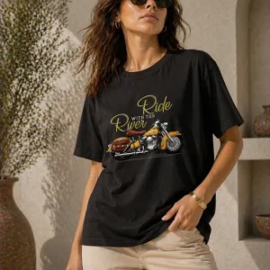 Motosiklet Baskılı Tişört Bisiklet Yaka Kısa Kol Yazlık T-Shirt - Siyah