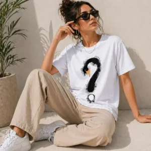 Kuğu Figürlü Soru İşareti Baskılı Tişört Kısa Kol T-Shirt - Beyaz