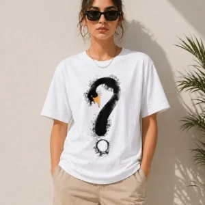 Alternative view of Kuğu Figürlü Soru İşareti Baskılı Tişört Kısa Kol T-Shirt - Beyaz