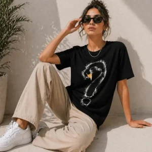 Kuğu Figürlü Soru İşareti Baskılı Tişört Kısa Kol T-Shirt - Siyah