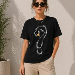Alternative view of Kuğu Figürlü Soru İşareti Baskılı Tişört Kısa Kol T-Shirt - Siyah