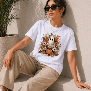 Balkabağı Hayalet Baskılı Tişört Kısa Kol Yazlık T-Shirt - Beyaz