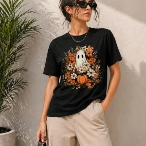 Balkabağı Hayalet Baskılı Tişört Kısa Kol Yazlık T-Shirt - Siyah