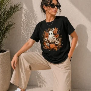 Alternative view of Balkabağı Hayalet Baskılı Tişört Kısa Kol Yazlık T-Shirt - Siyah