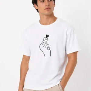 Erkek Kore Parmak Kalp Aşk Temalı Minimal Baskılı Tişört Yazlık Kısa Kol T-Shirt - Beyaz