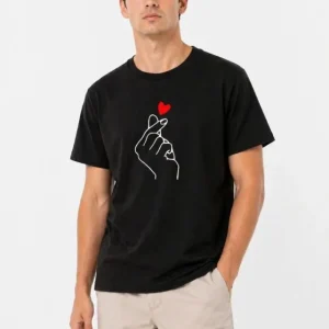 Erkek Kore Parmak Kalp Aşk Temalı Minimal Baskılı Tişört Yazlık Kısa Kol T-Shirt - Siyah