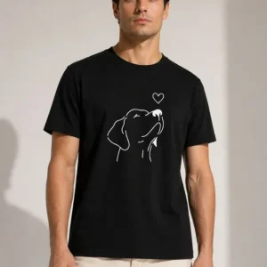 Erkek Köpek Figürlü Minimal Baskılı Tişört Kısa Kol Yazlık T-Shirt - Siyah