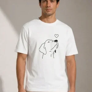 Erkek Köpek Figürlü Minimal Baskılı Tişört Kısa Kol Yazlık T-Shirt - Beyaz