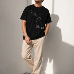 Erkek Minimal Kedi Çizim Baskılı Tişört Kısa Kol Yazlık T-Shirt - Siyah