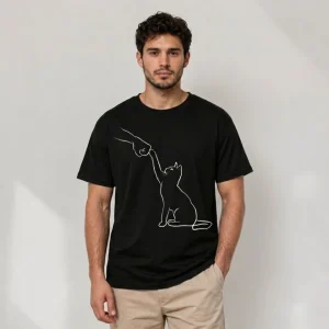 Alternative view of Erkek Minimal Kedi Çizim Baskılı Tişört Kısa Kol Yazlık T-Shirt - Siyah