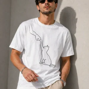 Erkek Minimal Kedi Çizim Baskılı Tişört Kısa Kol Yazlık T-Shirt - Beyaz