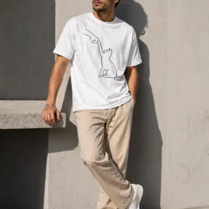Alternative view of Erkek Minimal Kedi Çizim Baskılı Tişört Kısa Kol Yazlık T-Shirt - Beyaz