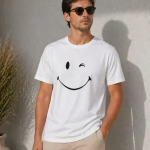 Erkek Minimal Gülümseyen Yüz Baskılı Tişört Kısa Kol Yazlık T-Shirt - Beyaz
