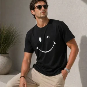 Erkek Minimal Gülümseyen Yüz Baskılı Tişört Kısa Kol Yazlık T-Shirt - Siyah
