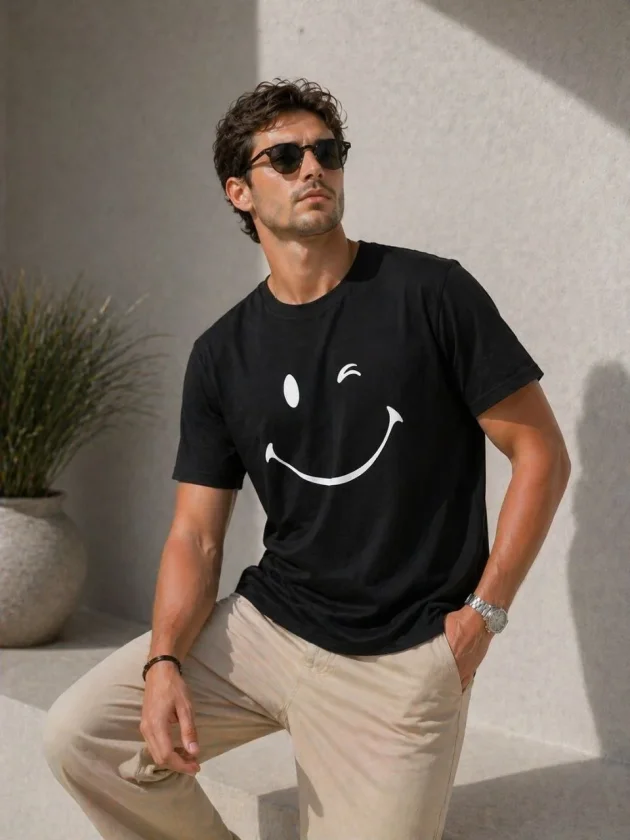 Erkek Minimal Gülümseyen Yüz Baskılı Tişört Kısa Kol Yazlık T-Shirt - Siyah - Görsel 5