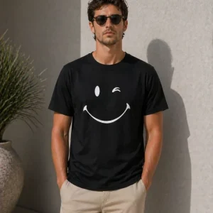 Alternative view of Erkek Minimal Gülümseyen Yüz Baskılı Tişört Kısa Kol Yazlık T-Shirt - Siyah