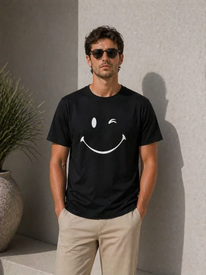 Erkek Minimal Gülümseyen Yüz Baskılı Tişört Kısa Kol Yazlık T-Shirt - Siyah - Görsel 2