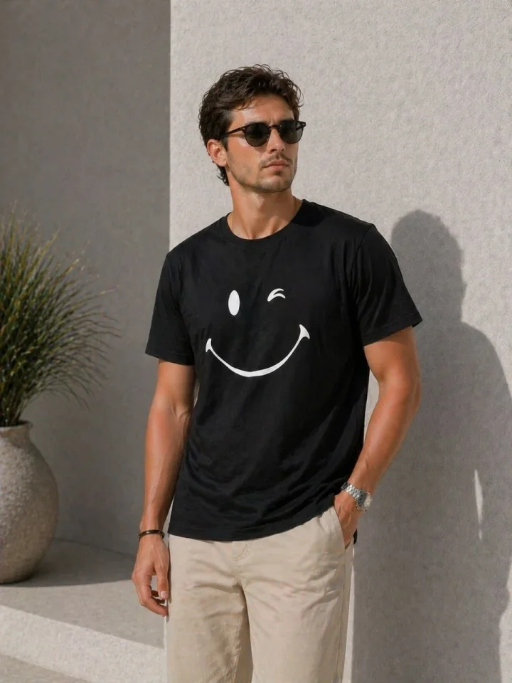 Erkek Minimal Gülümseyen Yüz Baskılı Tişört Kısa Kol Yazlık T-Shirt - Siyah - Görsel 3