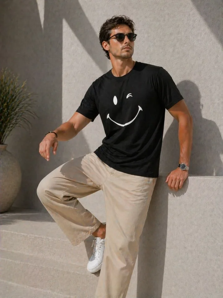 Erkek Minimal Gülümseyen Yüz Baskılı Tişört Kısa Kol Yazlık T-Shirt - Siyah - Görsel 4