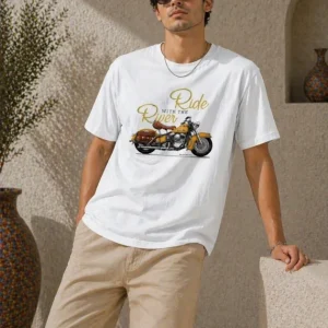 Erkek Motosiklet Baskılı Tişört Bisiklet Yaka Kısa Kol Yazlık T-Shirt - Beyaz