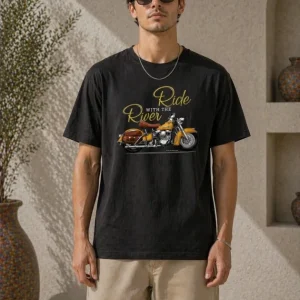 Erkek Motosiklet Baskılı Tişört Bisiklet Yaka Kısa Kol Yazlık T-Shirt - Siyah