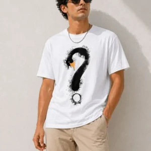 Erkek Kuğu Figürlü Soru İşareti Baskılı Tişört Kısa Kol T-Shirt - Beyaz