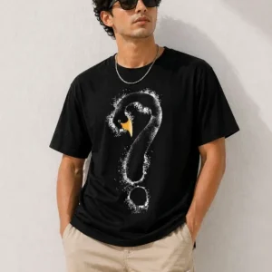 Erkek Kuğu Figürlü Soru İşareti Baskılı Tişört Kısa Kol T-Shirt - Siyah