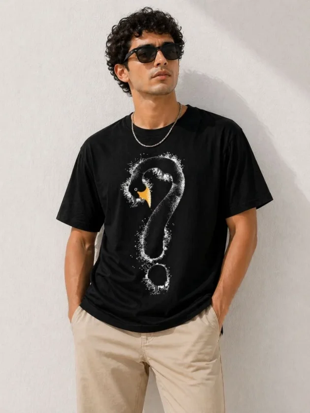 Erkek Kuğu Figürlü Soru İşareti Baskılı Tişört Kısa Kol T-Shirt - Siyah