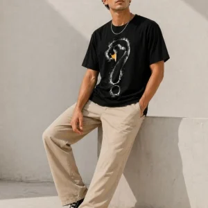 Alternative view of Erkek Kuğu Figürlü Soru İşareti Baskılı Tişört Kısa Kol T-Shirt - Siyah