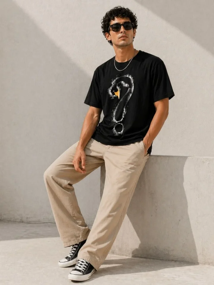 Erkek Kuğu Figürlü Soru İşareti Baskılı Tişört Kısa Kol T-Shirt - Siyah - Görsel 2