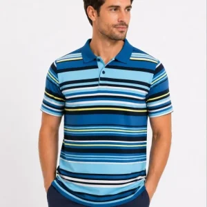 Erkek Çizgili Polo Yaka Tişört Kısa Kol Yazlık T-Shirt Regular Fit - Mavi