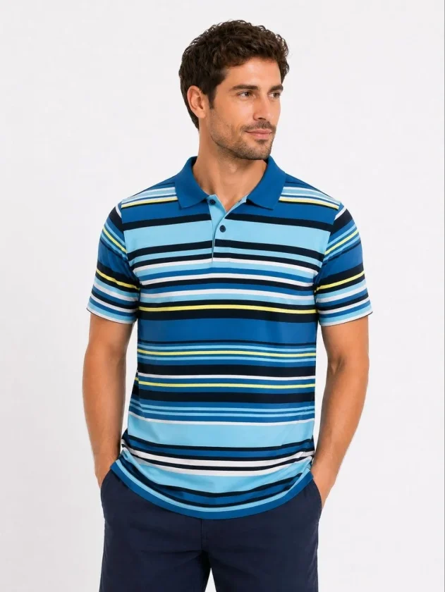 Erkek Çizgili Polo Yaka Tişört Kısa Kol Yazlık T-Shirt Regular Fit - Mavi - Görsel 4