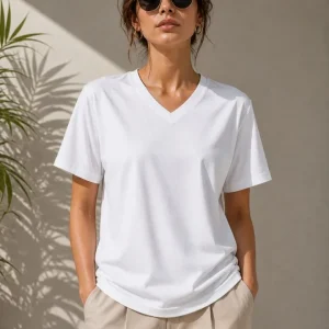 Alternative view of V Yaka Basic Tişört Kısa Kol Yazlık Regular Fit T-Shirt - Beyaz
