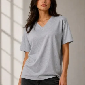 V Yaka Basic Tişört Kısa Kol Yazlık Regular Fit T-Shirt - Gri