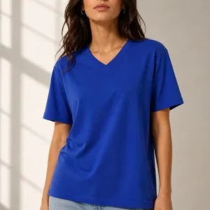 V Yaka Basic Tişört Kısa Kol Yazlık Regular Fit T-Shirt - Saks Mavisi