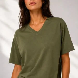 V Yaka Basic Tişört Kısa Kol Yazlık Regular Fit T-Shirt - Haki
