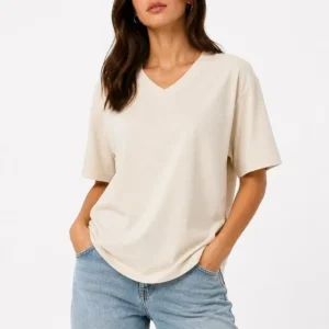 V Yaka Basic Tişört Kısa Kol Yazlık Regular Fit T-Shirt - Bej
