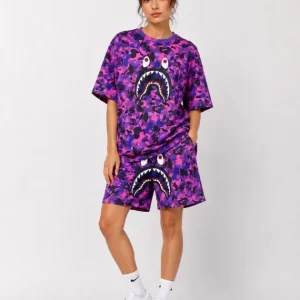 Oversize Kalıp Pubg Bape X Shark Nakışlı Cepli Şort Takım - Mor