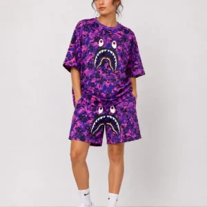 Alternative view of Oversize Kalıp Pubg Bape X Shark Nakışlı Cepli Şort Takım - Mor