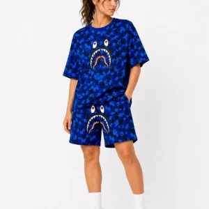 Oversize Kalıp Pubg Bape X Shark Nakışlı Cepli Şort Takım - Mavi
